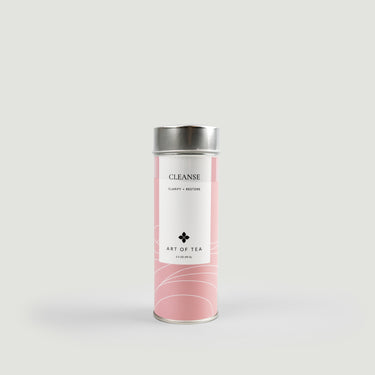 Tea canister labeled 'Cleanse' by 'Art of Tea' on a light gray background