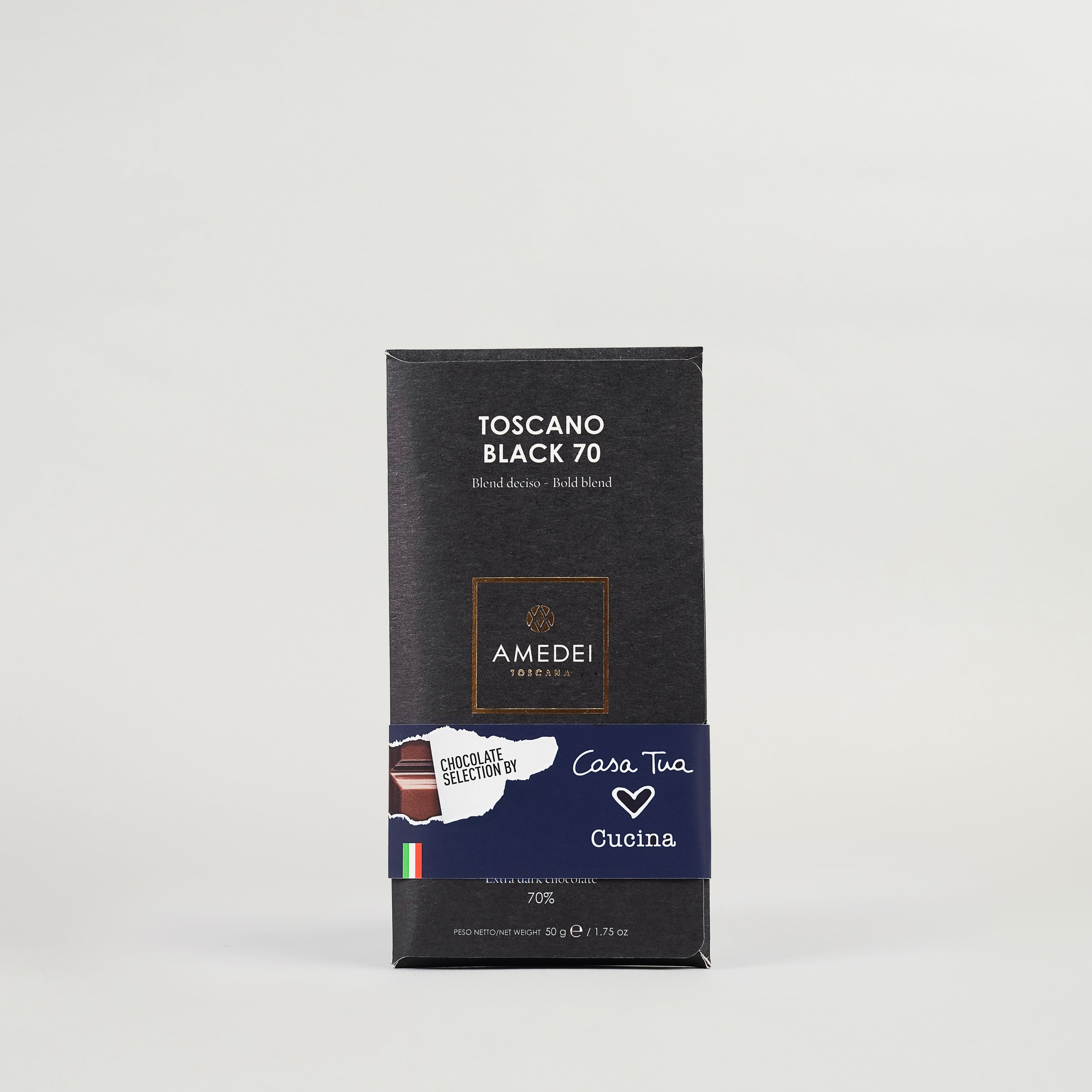 A packaged dark chocolate product from Amedei, with the name 'TOSCANO BLACK 70' displayed on the front.