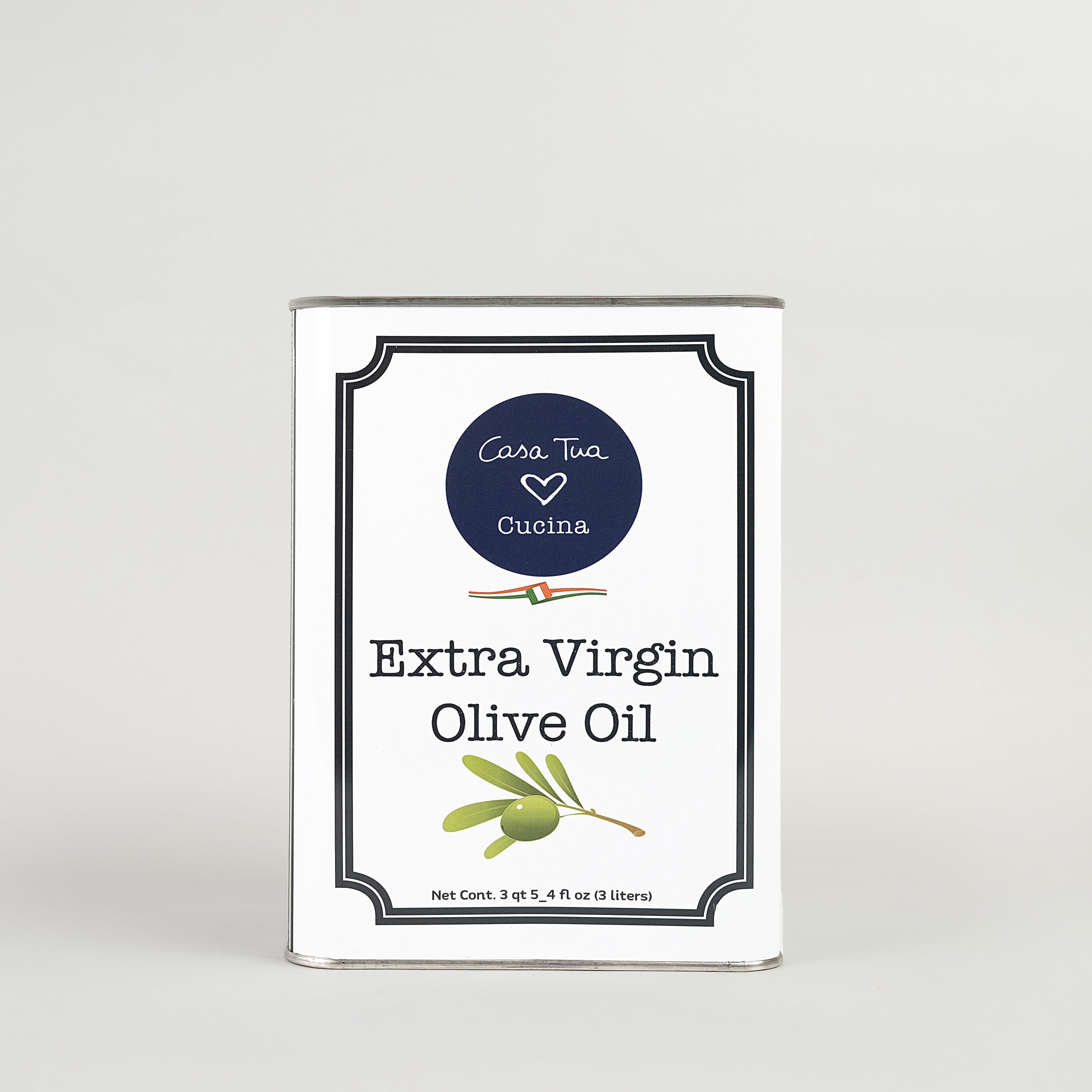 A packaged Extra Virgin Olive Oil product with a label showing the brand Casa Tua Cucina and the product name and quantity (3 litri) on a white background.