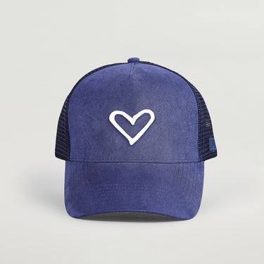 A navy blue baseball cap with a white heart logo on the front.