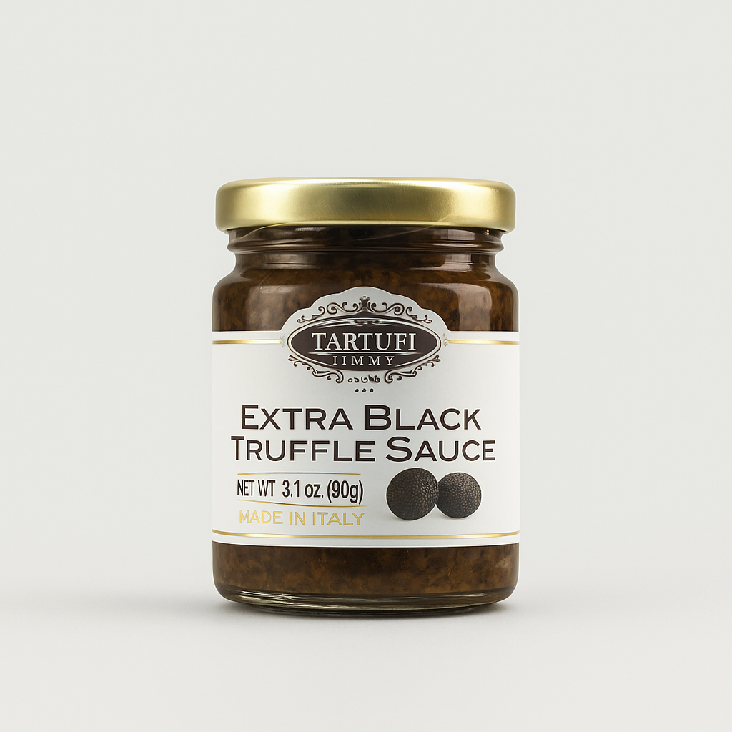 Jar of Tartufi Jimmy Extra Black Truffle Sauce on a white background