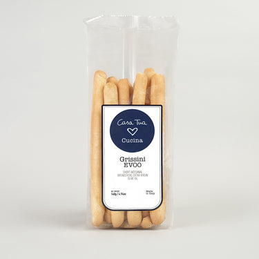 Packaged breadsticks labeled 'Casa Tua Cucina - Grissini EVO' on a white background, indicating extra virgin olive oil as the main ingredient.