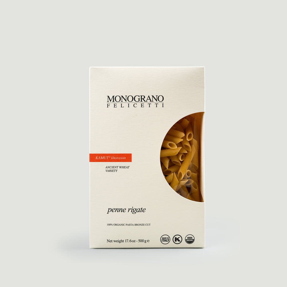 Monograno Felicetti penne rigate pasta packaging on a white background
