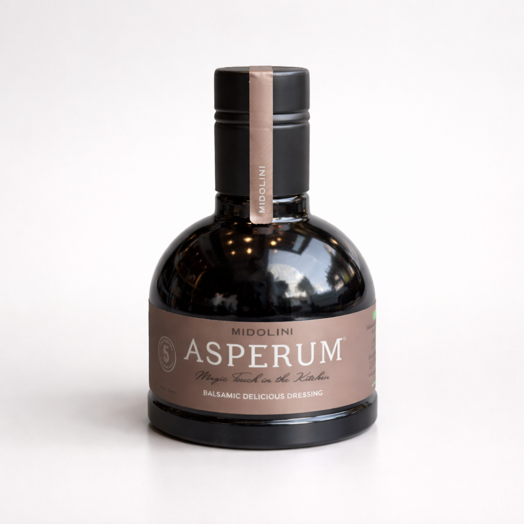 Bottle of Asperum dressing with a brown label on a white background