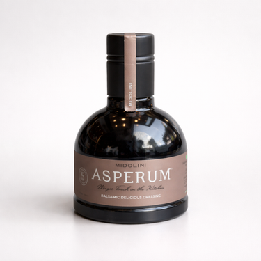Bottle of Asperum dressing with a brown label on a white background