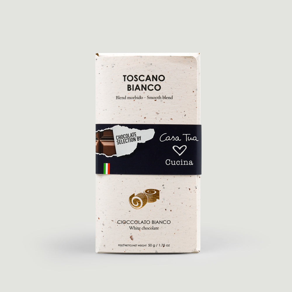 Casa Tua Cucina white chocolate bar packaging on a light gray background