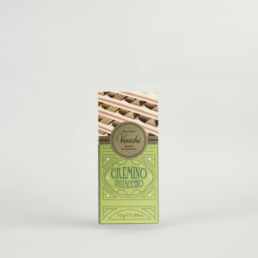 A package of Venchi Pistachio Cremino Bar with a green and brown color scheme, showing an image of the pistachio bar and the weight indication of 110g.