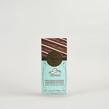 A packaged Venchi Tiramisu Bar, with visible chocolate layers and cream filling, against a white background.