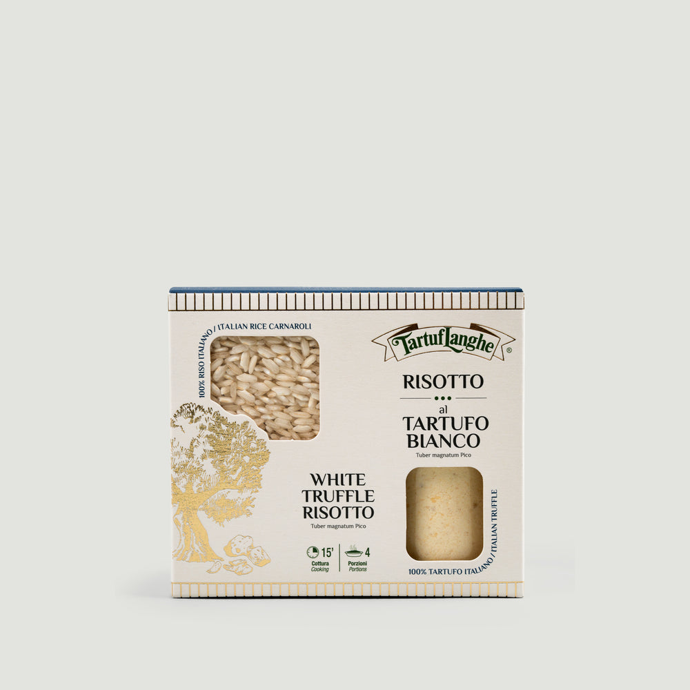 Box of Tartuf Laghe White Truffle Risotto on a light gray background