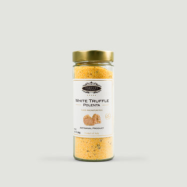 Jar of white truffle polenta on a light gray background 400g