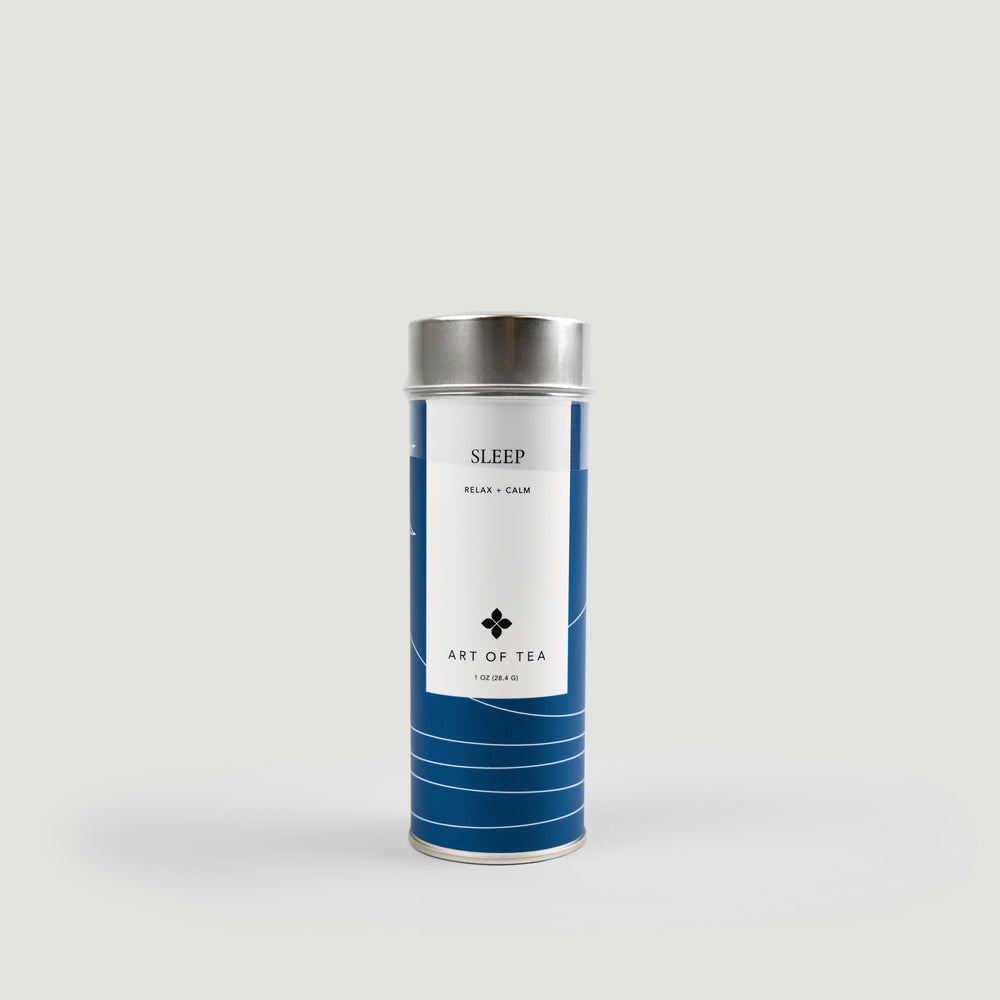 Tea canister labeled 'Sleep' by 'Art of Tea' on a white background