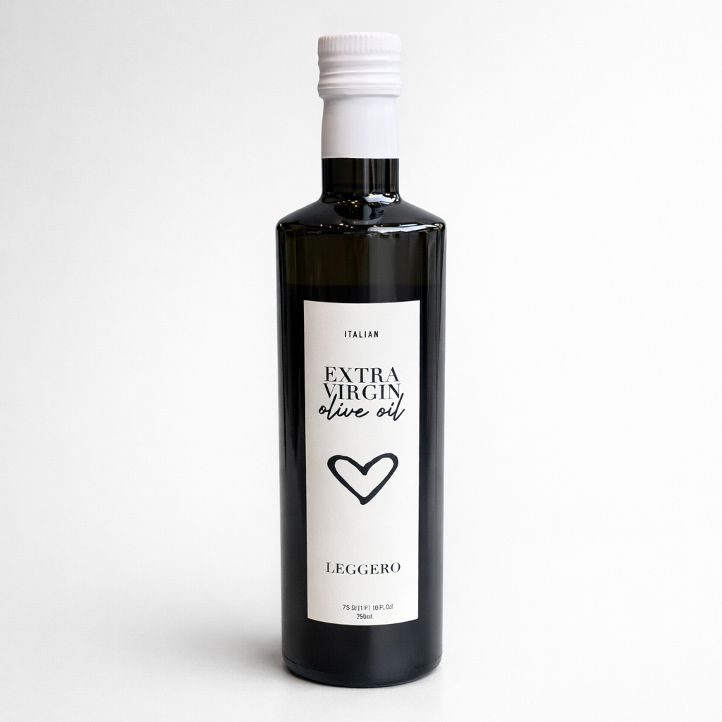 Bottle of Extra Virgin Olive Oil with a white label on a light gray background