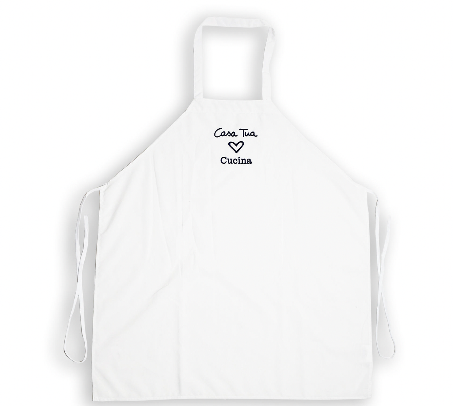 A white kitchen apron with the text 'Casa Tua' and 'Cucina' printed on the front.